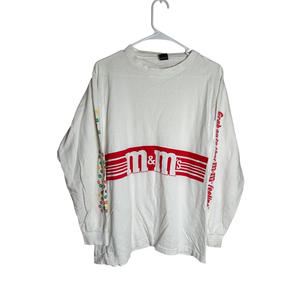Vintage 80s M&M's Long Sleeve Graphic T-Shirt White Red Logo Stripe Mens XL